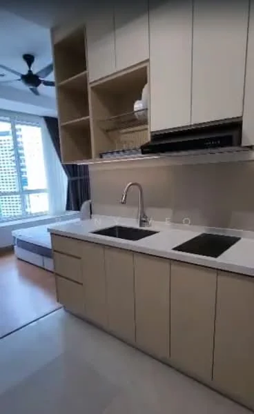 Kitchen features: single-bowl stainless-steel sink, chrome pull-down faucet, white quartz countertop, light wood cabinetry, open shelving, built-in oven, stainless-steel range hood, 4-burner gas hob, floor-to-ceiling windows, ceiling fan, laminate flooring, grey accent wall; style: modern; view: city.
