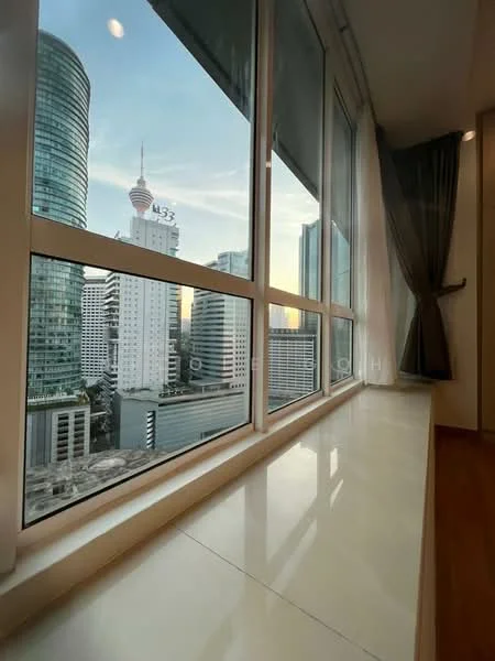 Room features: floor-to-ceiling windows, city skyline view, light-colored window sill, curtains, wood flooring; style: modern; view: city.
