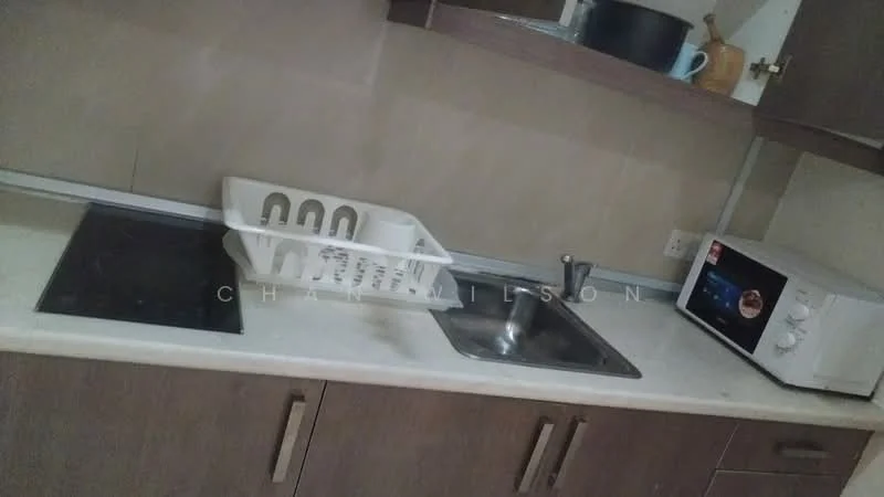 Kitchen features: single-bowl stainless-steel sink, chrome pull-down faucet, white countertop, wood cabinetry, built-in microwave, electric cooktop, dish rack, wall-mounted shelves; style: modern.