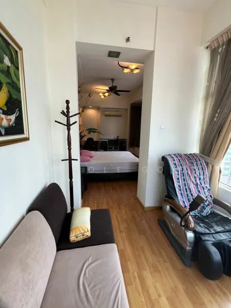 Living features: sofa in brown fabric, wooden flooring, wall-mounted artwork, ceiling fan, recessed downlights, large window with sheer curtains, coat rack, decorative pillow; style: modern; view: city. Bedroom features: queen-size bed with pink bedding, wooden flooring, ceiling fan, wall-mounted air conditioning unit, large window with curtains; style: modern.