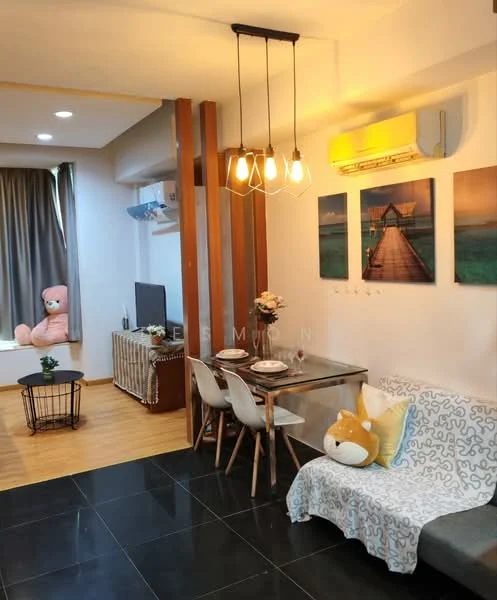 Living features: black tile flooring, wooden flooring, 5-blade ceiling fan with light, recessed downlights, wall-mounted TV, sofa with decorative throw, dining table with 4 chairs, large window with curtain, decorative wall art, air conditioning unit, decorative plant, basket for storage, stuffed animal on window seat; style: modern.