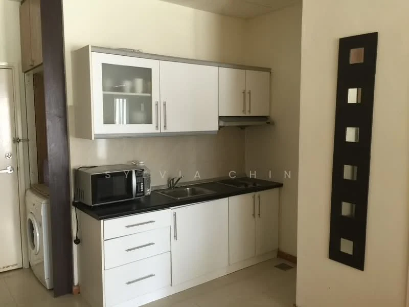 Kitchen features: white shaker cabinets, black countertop, single-bowl stainless-steel sink, chrome pull-down faucet, built-in microwave, freestanding washing machine, ceramic tile flooring, light beige painted walls, exhaust hood, wall-mounted cabinet, decorative wall panel with square cutouts; style: modern.