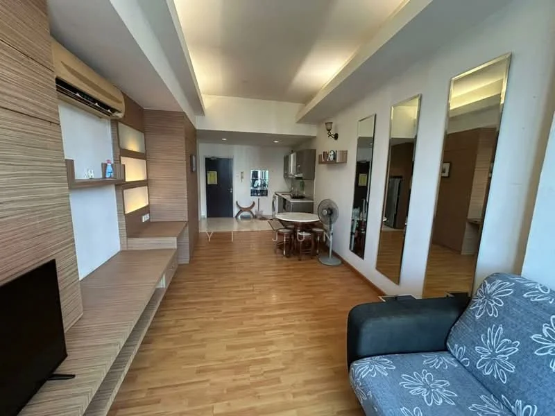 Living features: laminate wood flooring, white painted walls, exposed ceiling with recessed lighting, wall-mounted TV console, built-in shelving unit, large mirrors, sofa with floral pattern, dining table with chairs, ceiling fan, air conditioning unit; style: modern. Kitchen features: stainless-steel fridge, built-in kitchen cabinets, countertop, kitchen appliances visible; style: modern.