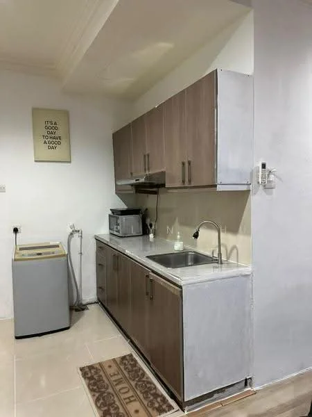 Kitchen features: brown wooden cabinetry, white countertop, single-bowl stainless-steel sink, chrome pull-down faucet, microwave, washing machine, tile flooring, wall-mounted kitchen cabinet, decorative wall art, rug, light switch, power outlet; style: modern.