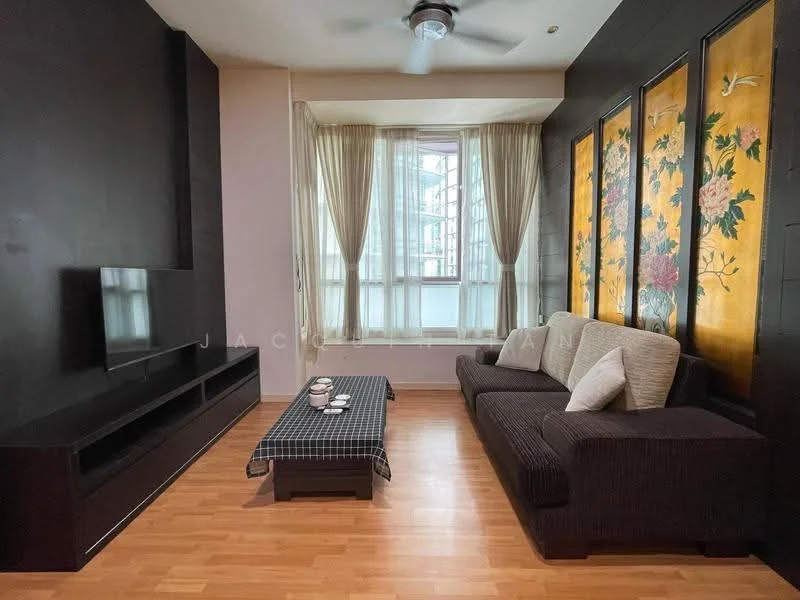 Living features: dark wood feature wall, light wood flooring, large windows with sheer curtains, 3-seater fabric sofa in dark brown, coffee table with checkered pattern, wall-mounted TV, built-in TV console, decorative wall art with floral pattern, ceiling fan with light; style: modern.