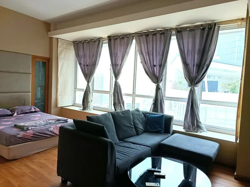 Living features: floor-to-ceiling windows, purple sheer curtains, grey fabric sofa, glass coffee table, wooden flooring, decorative cushions, bed with upholstered headboard, bedding on bed; style: modern; view: city.