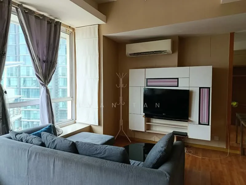 Living features: grey fabric sofa, black coffee table, wall-mounted TV, white entertainment unit with pink accents, floor-to-ceiling windows, sheer curtains, air conditioning unit, wooden flooring; style: modern; view: city.
