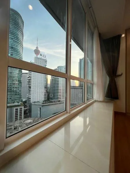 Room features: floor-to-ceiling windows, city skyline view, white window frames, curtains, window sill, light-colored flooring, modern interior design; style: modern; view: city.