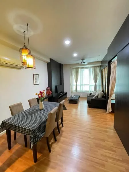 Dining features: dining table with checkered tablecloth, 4 upholstered dining chairs, vase with flowers; style: modern. Living features: sofa in dark color, coffee table, wall-mounted TV, ceiling fan, floor-to-ceiling windows with sheer curtains, air conditioning unit; style: modern.