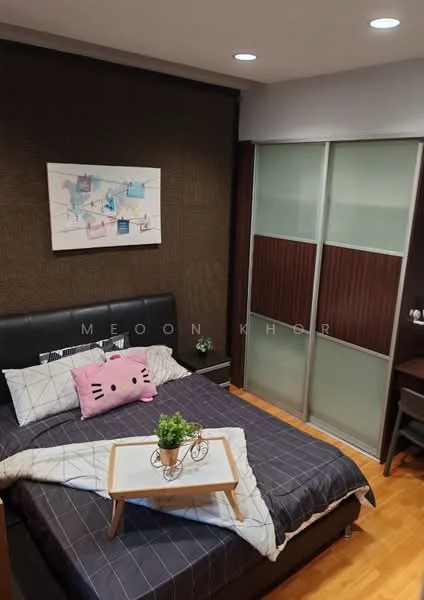 Bedroom features: queen-size bed with black upholstered headboard, grey bedding with geometric pattern, wooden flooring, feature wall with textured brown wallpaper, framed artwork with pastel colors, built-in wardrobe with sliding glass doors, study desk with chair, table with decorative plant, recessed ceiling lights; style: modern.