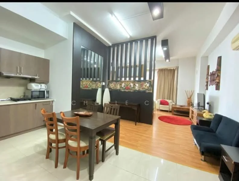 Kitchen features: brown wooden cabinetry, stainless-steel sink, microwave, built-in oven, 4-burner gas hob, ceramic tile flooring; style: modern. Dining features: 4-seater dining table, wooden dining chairs, decorative bowl on table; style: modern. Living features: black fabric sofa, red area rug, wooden side table, floor lamp, curtains, wooden feature wall with decorative elements; style: modern.