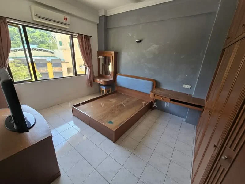 Bedroom features: single bed frame, built-in wardrobe, wooden dresser with mirror, floor-to-ceiling window, curtains, light fixture on ceiling, white tiled flooring, wall-mounted TV; view: city.