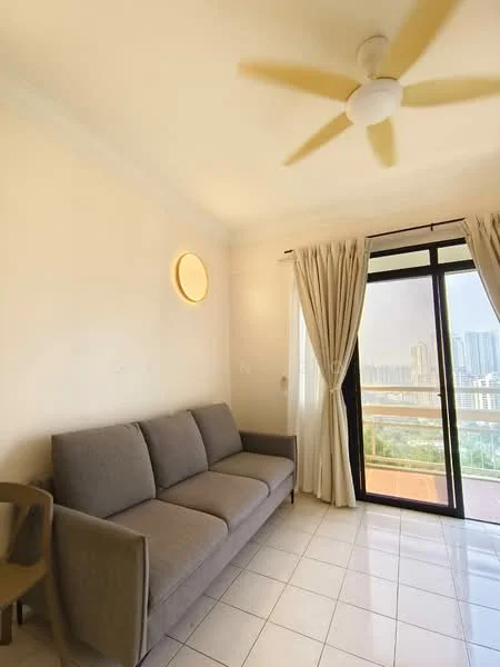 Living features: 3-seater fabric sofa in grey, floor-to-ceiling windows, sheer curtains, 5-blade ceiling fan with light, white painted walls, white tiled flooring, decorative wall light, balcony view; style: modern; view: city.