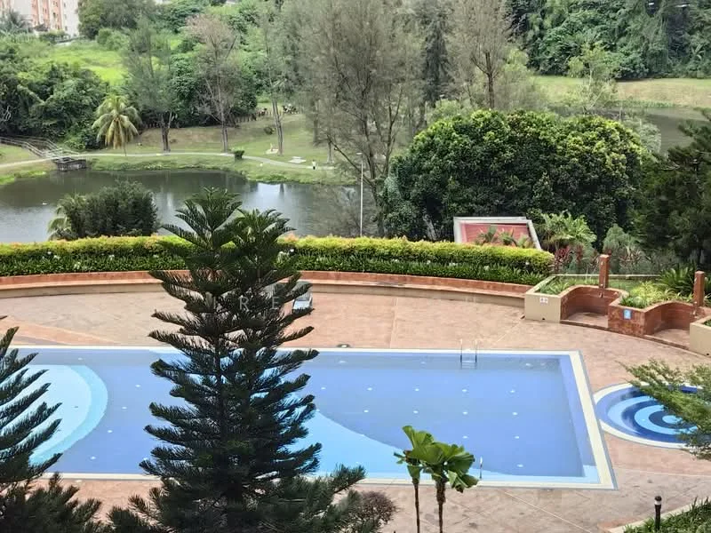 Exterior type: swimming pool deck; features: infinity pool, landscaped garden, manicured lawn, mature trees, water feature, surrounding greenery, pool deck with loungers; style: tropical-modern.