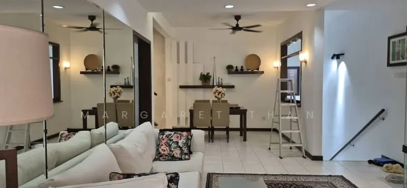 Living features: white painted walls, tile flooring, 5-blade ceiling fan with light, sofa with floral pattern, coffee table, decorative wall shelves, wall-mounted lighting, area rug with geometric pattern, dining table with chairs, ladder, framed artwork; style: modern.