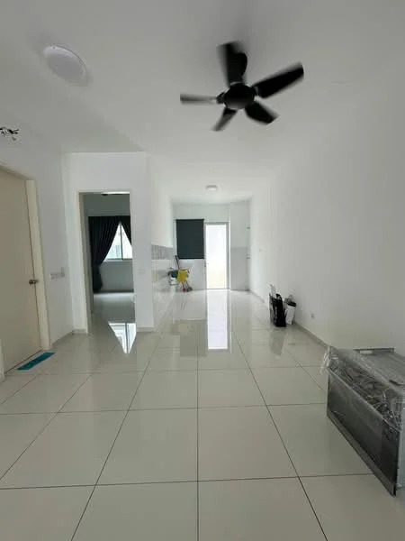 Room features: white painted walls, glossy ceramic tile flooring, 5-blade ceiling fan, door leading to another room, large window with sheer curtains, recessed ceiling lights, open layout, neutral color scheme; style: modern.