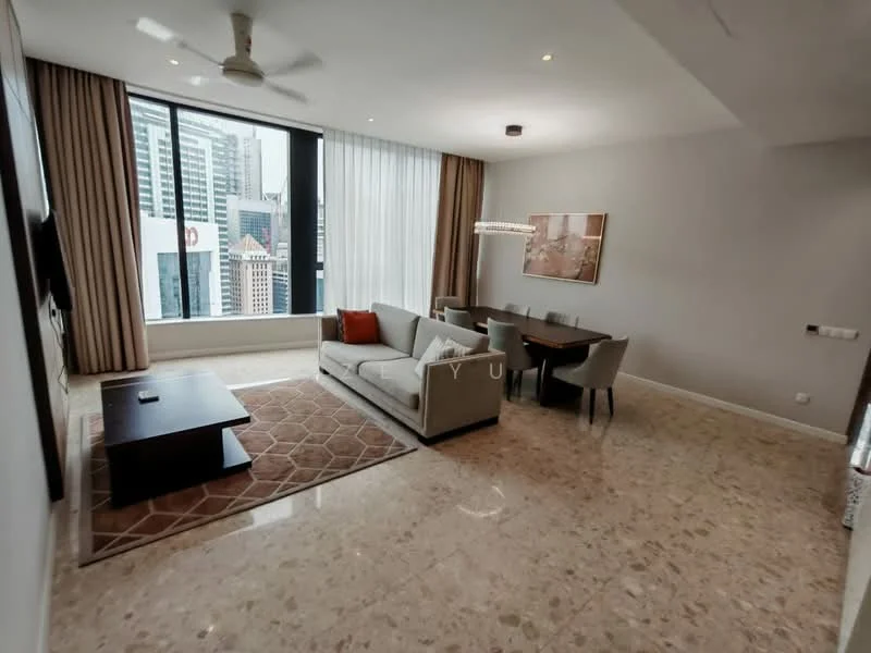 Living features: 3-seater fabric sofa in light grey, coffee table with dark wood finish, area rug with geometric pattern, wall-mounted TV, floor-to-ceiling windows, sheer curtains, ceiling fan with light, dining table for 4 with upholstered chairs, decorative wall art, marble flooring; style: modern; view: city.