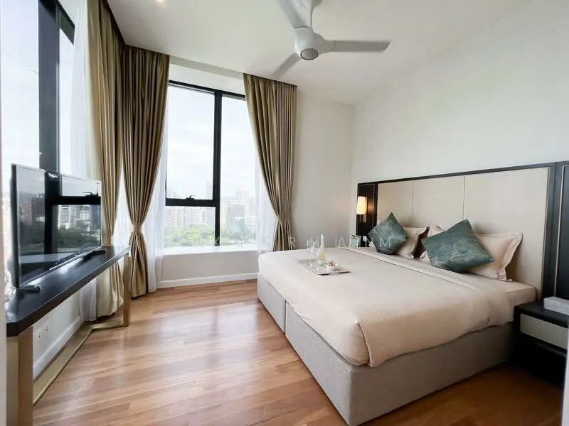 Bedroom features: king-size bed, upholstered headboard, two bedside lamps, floor-to-ceiling windows, curtains, wooden flooring, ceiling fan, TV console, wall-mounted TV, decorative cushions; style: modern; view: city.