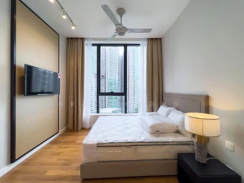 Bedroom features: queen-size bed, upholstered headboard, bedside lamp, wall-mounted TV, floor-to-ceiling windows, curtains, wooden flooring, ceiling fan with light; style: modern; view: city.