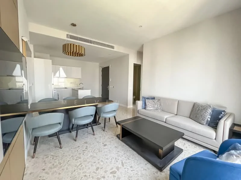 Living features: sofa in light grey fabric, coffee table in black, dining table for 6 with blue upholstered chairs, pendant light fixture, TV console, wall-mounted TV, decorative cushions, textured wall finish, large windows for natural light, polished stone flooring; style: modern.