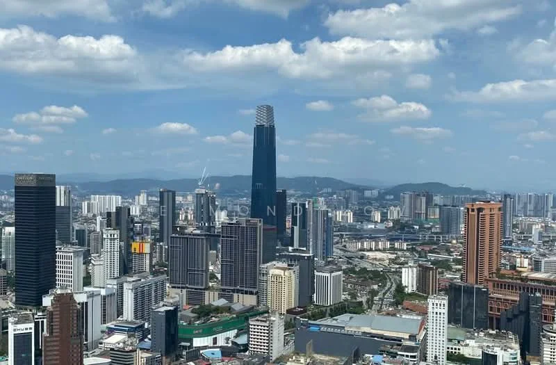 Exterior type: high-rise condominium; features: city skyline view, multiple high-rise buildings, urban landscape, clear blue sky, distant mountains, modern architecture, glass facades, varied building heights; style: modern.