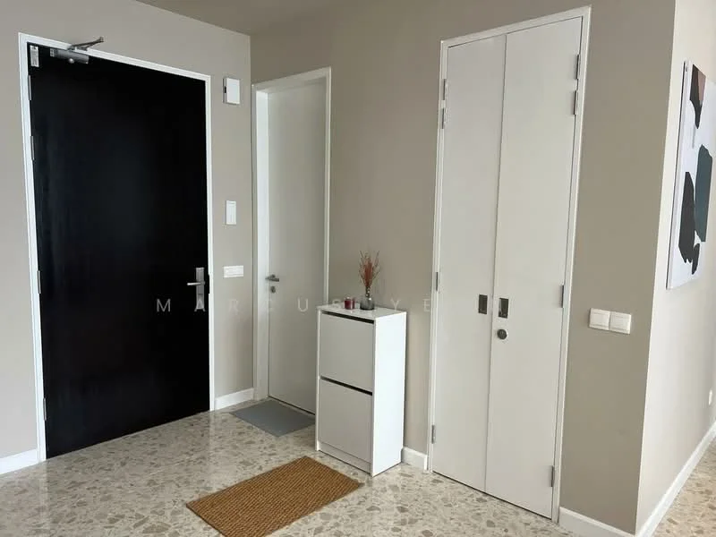 Room features: black front door, white interior door, white storage cabinet, grey wall, light grey flooring, decorative plant in vase, doormat, wall art; style: modern.