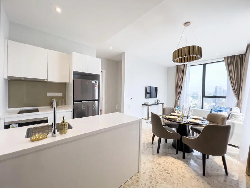Kitchen features: white cabinetry, stainless-steel fridge, built-in oven, 4-burner gas hob, white quartz countertop, single-bowl stainless-steel sink, chrome pull-down faucet, tile backsplash; style: modern; view: city. Living features: floor-to-ceiling windows, sofa in light fabric, coffee table, wall-mounted TV, dining table for four, decorative chandelier, curtains, area rug; style: modern; view: city.