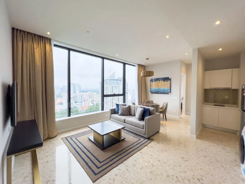Living features: floor-to-ceiling windows, grey fabric sofa, coffee table with gold accents, area rug with geometric pattern, wall-mounted TV, decorative artwork on wall, recessed downlights, curtains, marble flooring; style: modern; view: city.