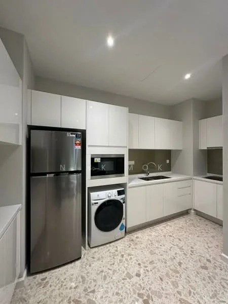Kitchen features: white flat-panel cabinets, stainless-steel fridge, front-load washing machine, single-bowl stainless-steel sink, chrome pull-down faucet, grey backsplash, terrazzo flooring, recessed downlights; style: modern.