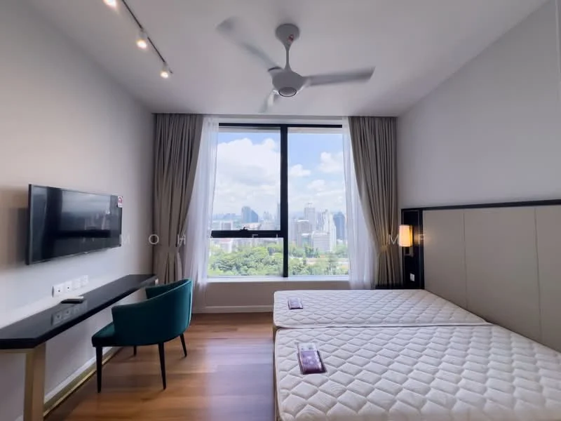Bedroom features: two single beds with mattresses, floor-to-ceiling windows, city skyline view, wooden flooring, ceiling fan, wall-mounted TV, black console table, green upholstered chair, curtains, light fixtures; style: modern; view: city.