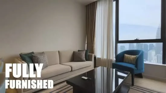 Living features: 3-seater fabric sofa in beige, accent chair in blue, coffee table with dark surface, floor-to-ceiling windows, sheer curtains, decorative cushions, area rug with striped pattern, city skyline view; style: modern; view: city.