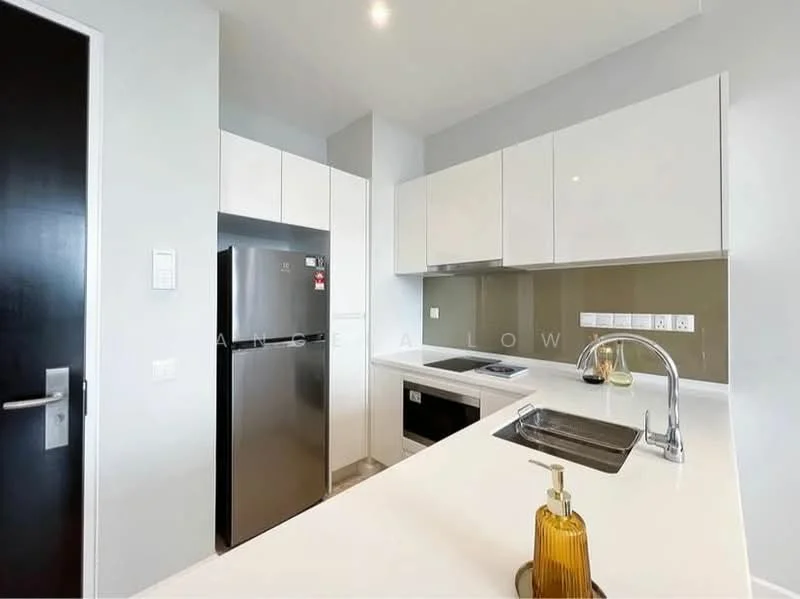 Kitchen features: white flat-panel cabinets, stainless-steel fridge, built-in oven, 4-burner electric hob, single-bowl stainless-steel sink, chrome pull-down faucet, white quartz countertop, grey tile backsplash, recessed downlights, open shelving, wall-mounted electrical outlets, grey flooring; style: modern.