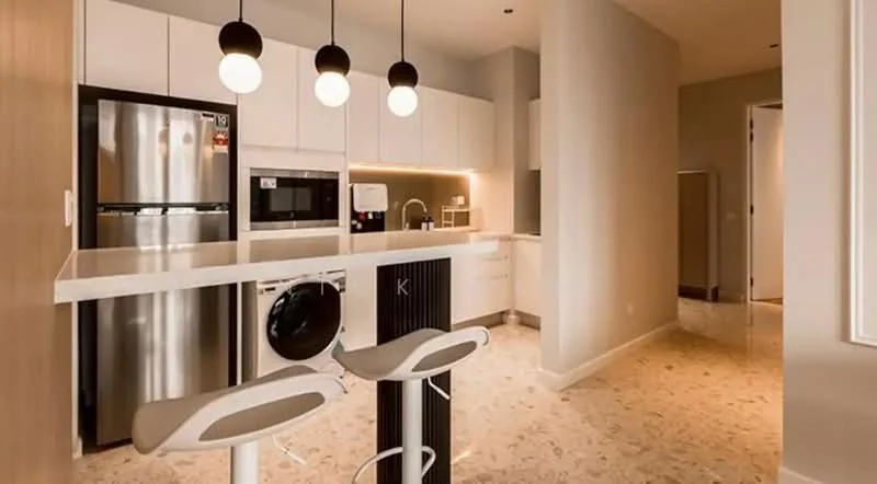 Kitchen features: white cabinetry, marble countertop, stainless-steel fridge, built-in microwave, freestanding washing machine, 3 pendant lights, open shelving, bar seating with stools, ceramic tile flooring, recessed lighting; style: modern.