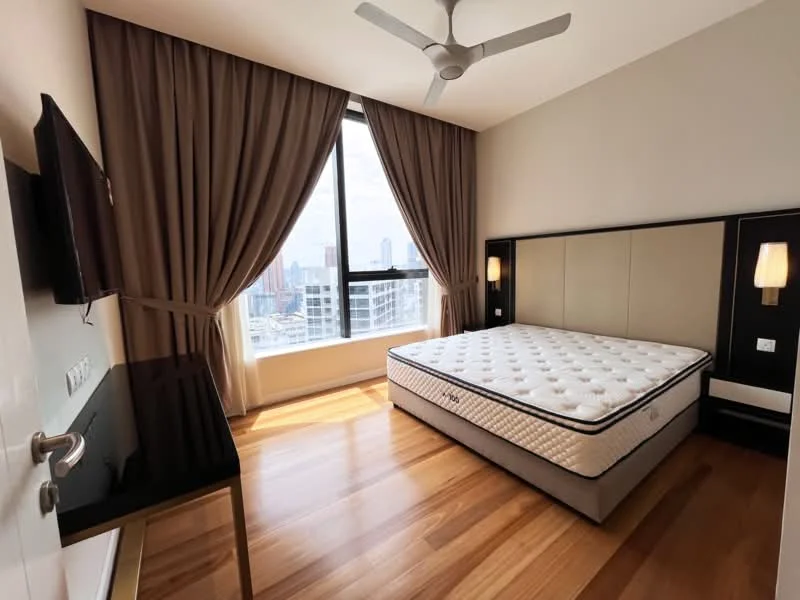 Bedroom features: queen-size bed, upholstered headboard, wooden flooring, floor-to-ceiling windows, sheer curtains, dark wood bedside lamps, wall-mounted TV, black console table, ceiling fan with light; style: modern; view: city.