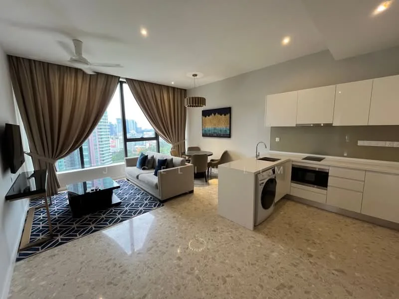 Living features: 5-blade ceiling fan with light, floor-to-ceiling windows, grey fabric sofa, coffee table, wall-mounted TV, area rug with geometric pattern, decorative wall art, curtains, marble flooring, open-plan layout with kitchen, kitchen island with seating, white cabinetry, built-in oven, stainless-steel fridge, washer-dryer combo; style: modern; view: city.