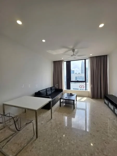 Living features: white painted walls, marble flooring, 5-blade ceiling fan with light, floor-to-ceiling windows, grey fabric sofa, glass coffee table, metal dining table, curtains, city view; style: modern; view: city.