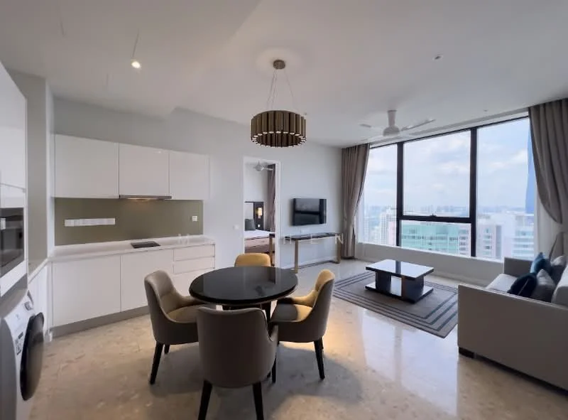 Living features: floor-to-ceiling windows, city view, sofa in light grey fabric, coffee table, TV console, wall-mounted TV, dining table with black round top, 4 upholstered dining chairs, recessed downlights, ceiling fan with light, light-coloured walls, marble flooring; style: modern. Kitchen features: white cabinetry, built-in oven, microwave, stainless-steel sink, chrome pull-down faucet, grey backsplash, washing machine, open shelving; style: modern.
