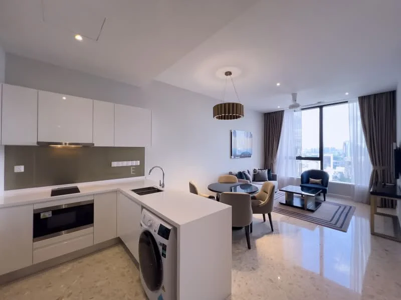 Kitchen features: white cabinetry, grey backsplash, stainless-steel sink, chrome pull-down faucet, built-in oven, induction hob, microwave, washer-dryer combo; style: modern; view: city. Living features: floor-to-ceiling windows, 3-seater fabric sofa in blue, 2 upholstered dining chairs, round dining table, coffee table, TV console, wall-mounted TV, ceiling fan with light, area rug; style: modern; view: city.