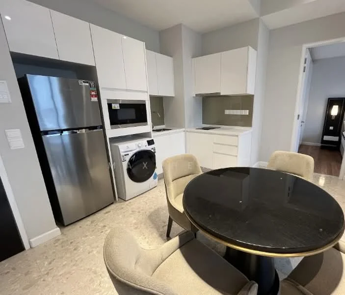 Kitchen features: white cabinetry, black round dining table, 4 upholstered dining chairs, stainless-steel fridge, built-in microwave, front-load washing machine, ceramic tile flooring, grey backsplash, single-bowl stainless-steel sink, chrome pull-down faucet; style: modern.