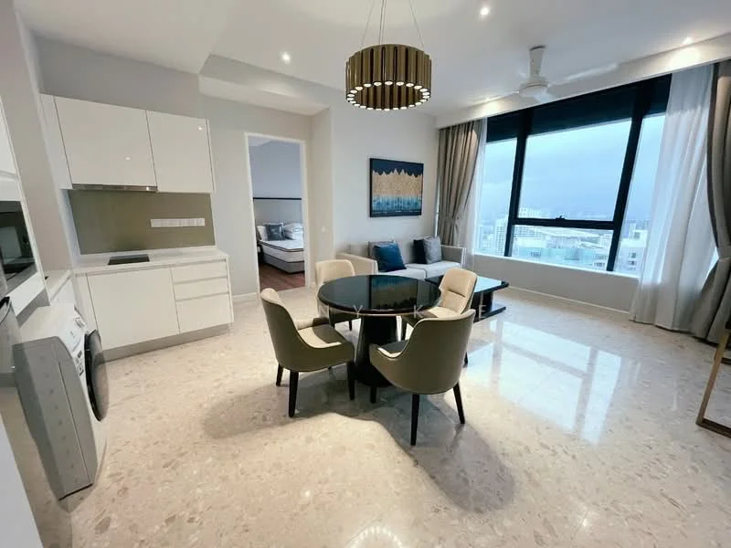 Dining features: round dining table, 4 upholstered dining chairs, white cabinetry, built-in microwave, stainless-steel fridge, washing machine, marble flooring, floor-to-ceiling windows, sheer curtains, ceiling fan with light, decorative wall art; style: modern; view: city.