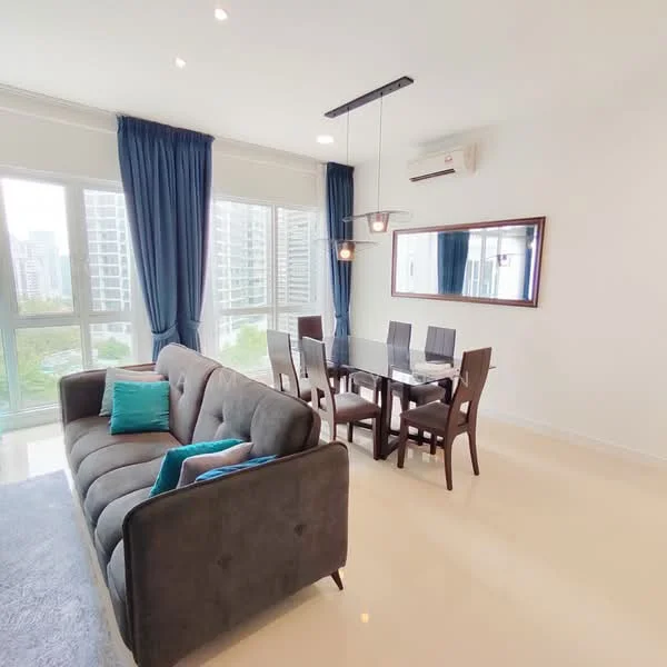 Dining features: 6-seater dining table, upholstered dining chairs, pendant lamp, floor-to-ceiling windows, blue curtains, mirror on wall, grey fabric sofa, light-colored flooring, decorative cushions; style: modern; view: city.
