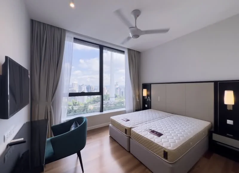 Bedroom features: king-size bed, upholstered headboard, wooden flooring, floor-to-ceiling window, city view, curtains, 2 bedside lamps, ceiling fan, study desk, blue upholstered chair, wall-mounted TV, built-in wardrobe; style: modern; view: city.