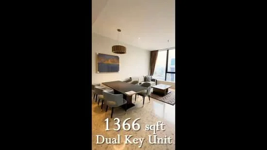 Dining features: 6-seater dining table, upholstered dining chairs, pendant light fixture, large windows with city view, cream painted walls, marble flooring, area rug, decorative artwork on wall, recessed lighting; style: modern; view: city. Living features: sofa, coffee table, area rug, floor-to-ceiling windows, cream painted walls, marble flooring, decorative artwork, recessed lighting; style: modern; view: city.