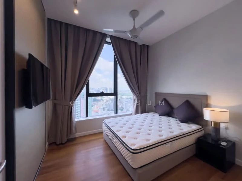 Bedroom features: king-size bed, upholstered headboard, 2 bedside lamps, wall-mounted TV, floor-to-ceiling window, grey curtains, wooden flooring, ceiling fan with light; style: modern; view: city.