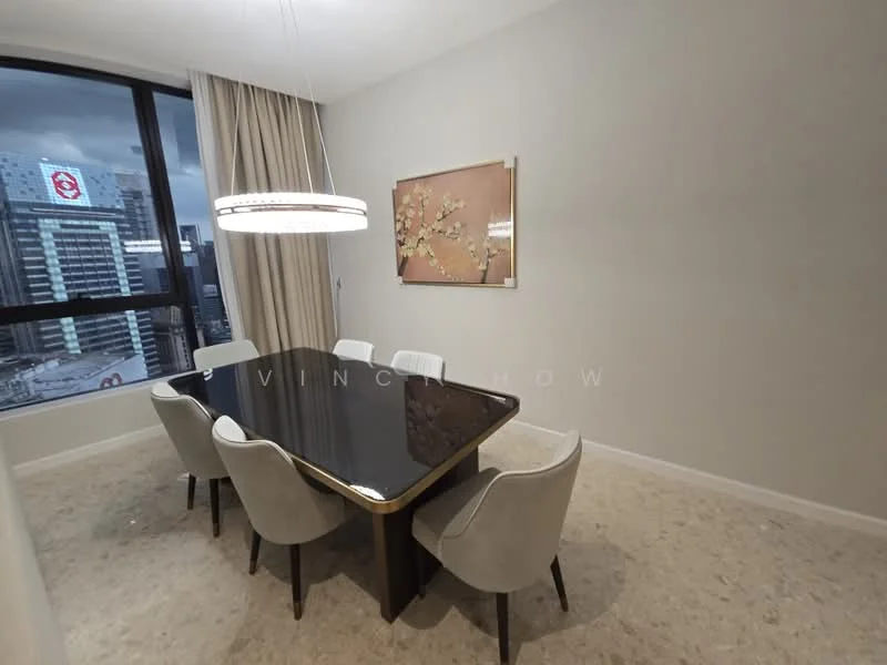 Dining features: rectangular dining table with black glossy surface, 6 upholstered dining chairs in light grey, chandelier light fixture, floor-to-ceiling windows, curtains in beige, decorative wall art with floral design, neutral painted walls, marble flooring; style: modern; view: city.