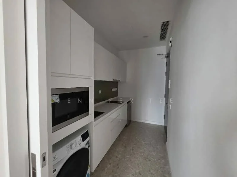 Laundry features: white cabinetry, built-in microwave, stainless-steel sink, white countertop, front-load washing machine, grey vinyl flooring, green backsplash, recessed downlights; style: modern.