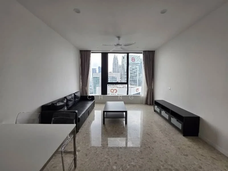 Living features: black leather sofa, glass coffee table, TV console, marble flooring, floor-to-ceiling windows, city skyline view, sheer curtains, recessed downlights, ceiling fan; style: modern; view: city.