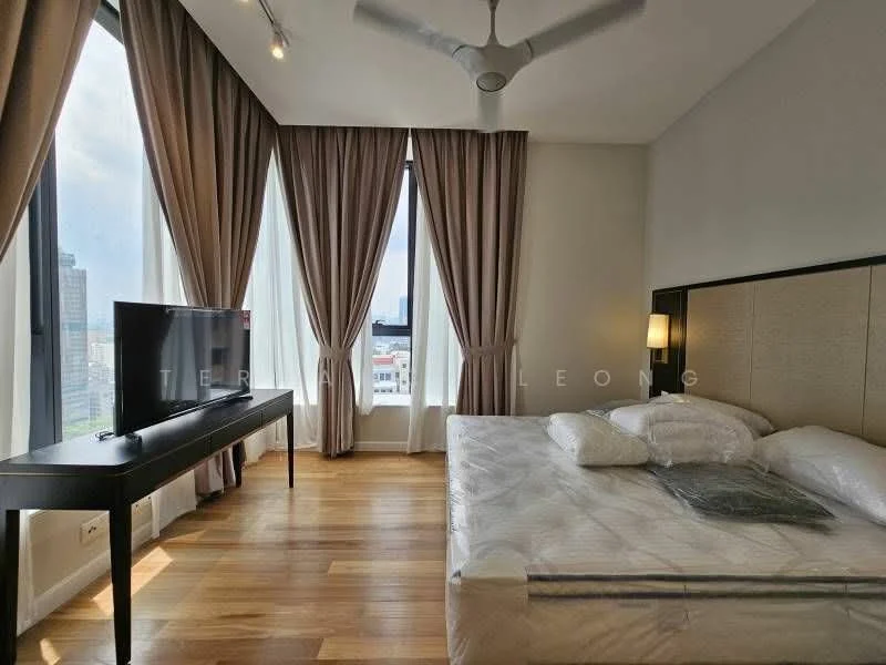 Bedroom features: king-size bed, upholstered headboard, floor-to-ceiling windows, sheer curtains, wooden flooring, 2 bedside lamps, wall-mounted TV, TV console, ceiling fan with light; style: modern; view: city.