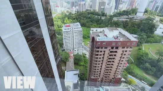 Exterior type: high-rise condominium; features: city skyline view, surrounded by greenery, adjacent to park, multiple high-rise buildings, urban landscape, mixed-use development; style: modern.