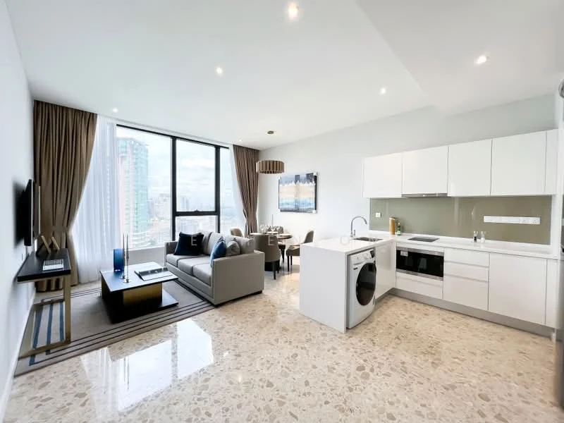Living features: large floor-to-ceiling windows, grey fabric sofa, coffee table, TV console, wall-mounted TV, area rug, dining table for four, pendant light, marble flooring, curtains, decorative artwork, washer-dryer combo, kitchen island, white cabinetry, stainless-steel sink, built-in oven, electric cooktop, microwave; style: modern; view: city.